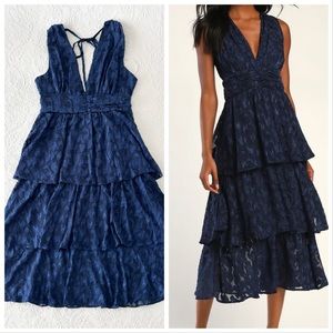 NWOT Lulus Make It Mesmerizing Navy Blue Jacquard Tiered Midi Dress XLarge